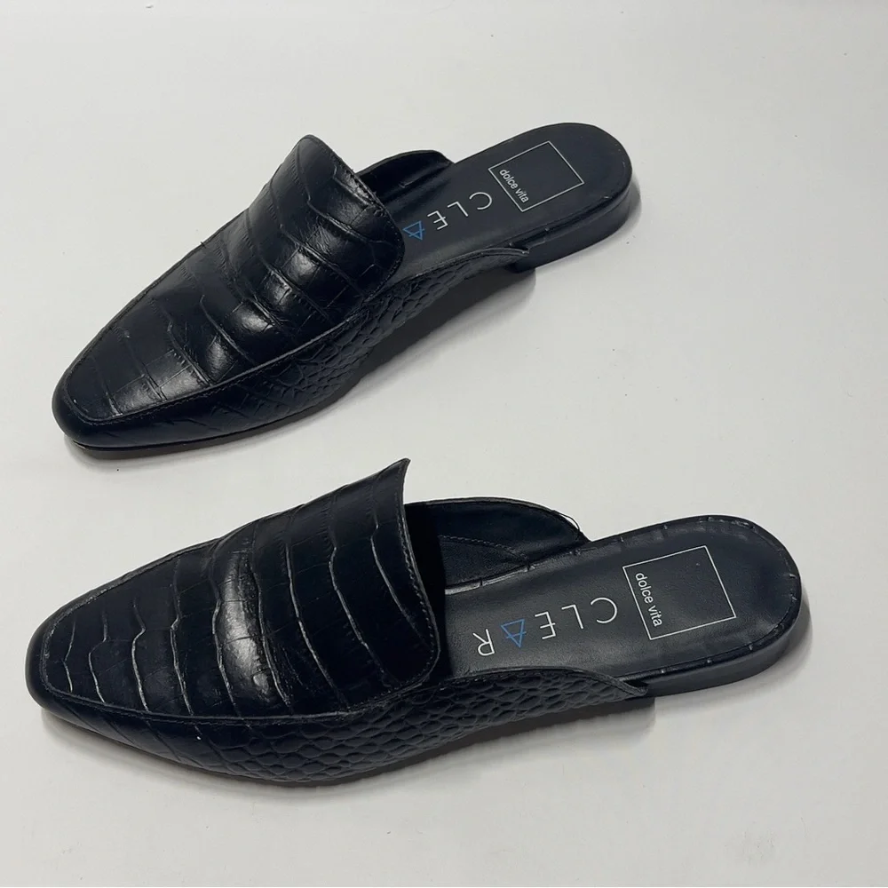 DOLVE VITA Clear Women’s Size 8 Black Slip On Mules. Reptile pattern. Low Heel - Picture 1 of 8